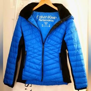 Women's Calvin Klein Performance Puffer Coat Blue with Black Faux Fur sz XS
